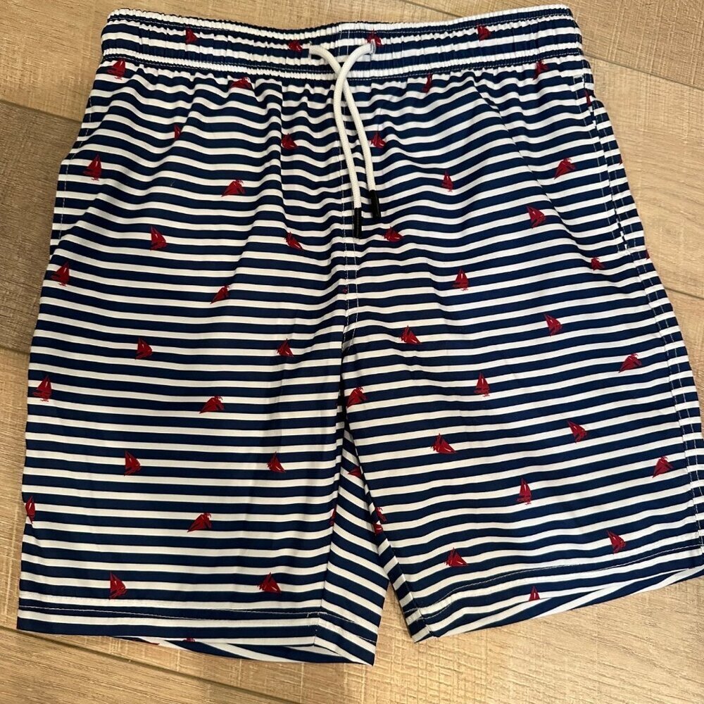 MAAMGIC BOYS 14/16 NAVY BLUE WHITE STRIP SWIM SHORTS TRUNKS
